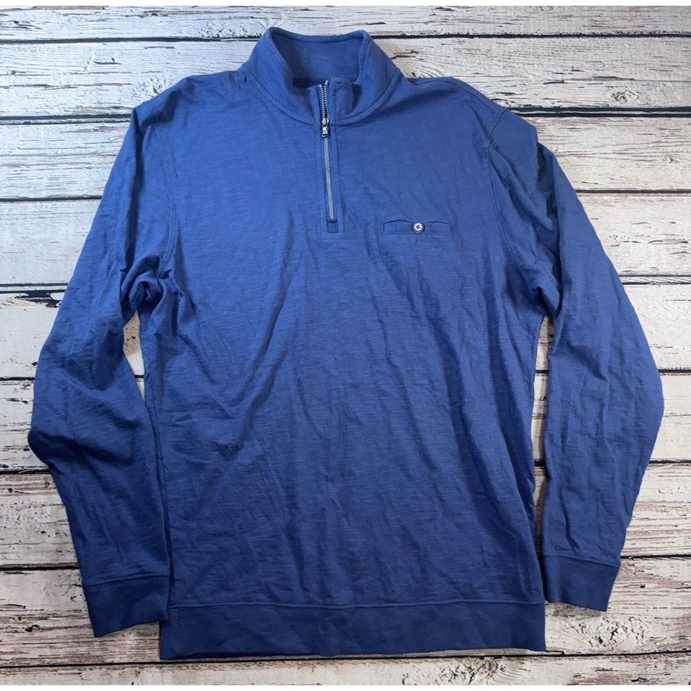 Johnnie O‎ Long Sleeve Tee Blue Slub Knit 1/4 Zip Mock Collar Pullover Medium - Picture 2 of 8
